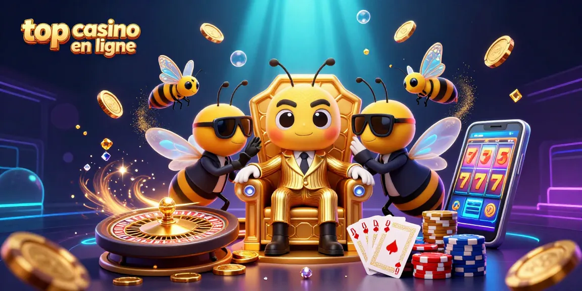 Visualisez le top casino en ligne avec un boss bourdon charismatique entouré de gardes et de trésors scintillants.