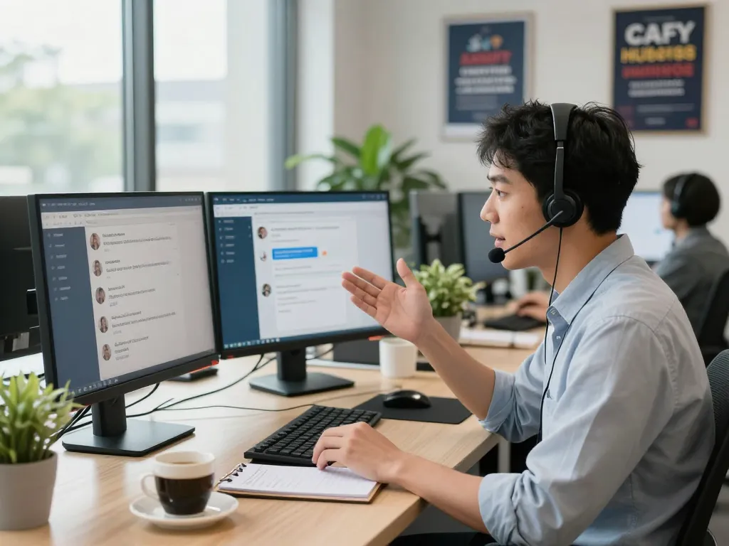 CSKH 24/7 hubet88 customer service agent assisting clients in a modern office environment, surrounded by tech and motivation.