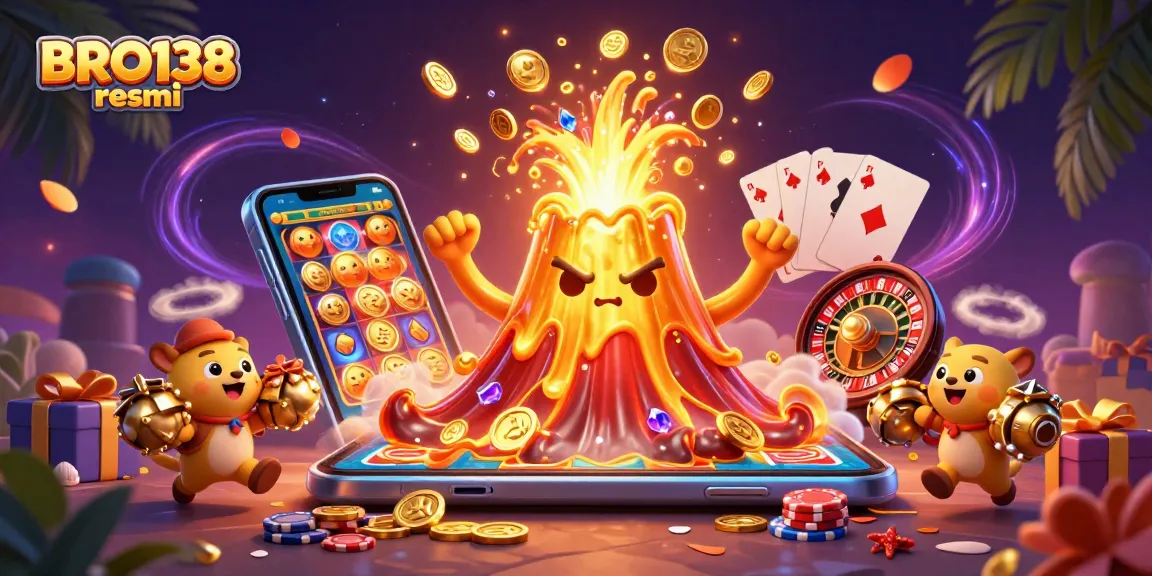 Win big with BRO138 resmi as vibrant treasure erupts from a golden volcano in an engaging casino scene.
