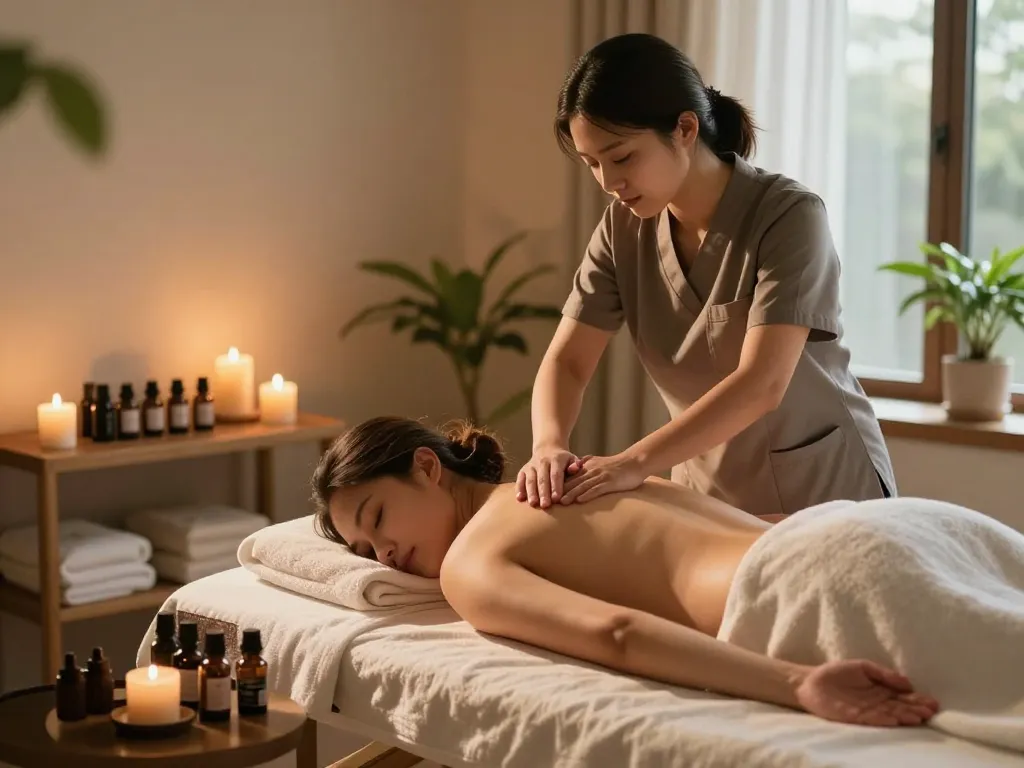 Soothing aromatherapy massage at home by https://www.maxim-anma.net with tranquil setting and essential oils.