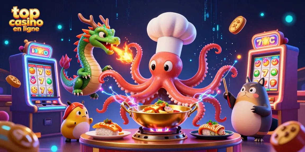 Jouez au top casino en ligne avec un chef sushi, un dragon et un client dans une scène animée.