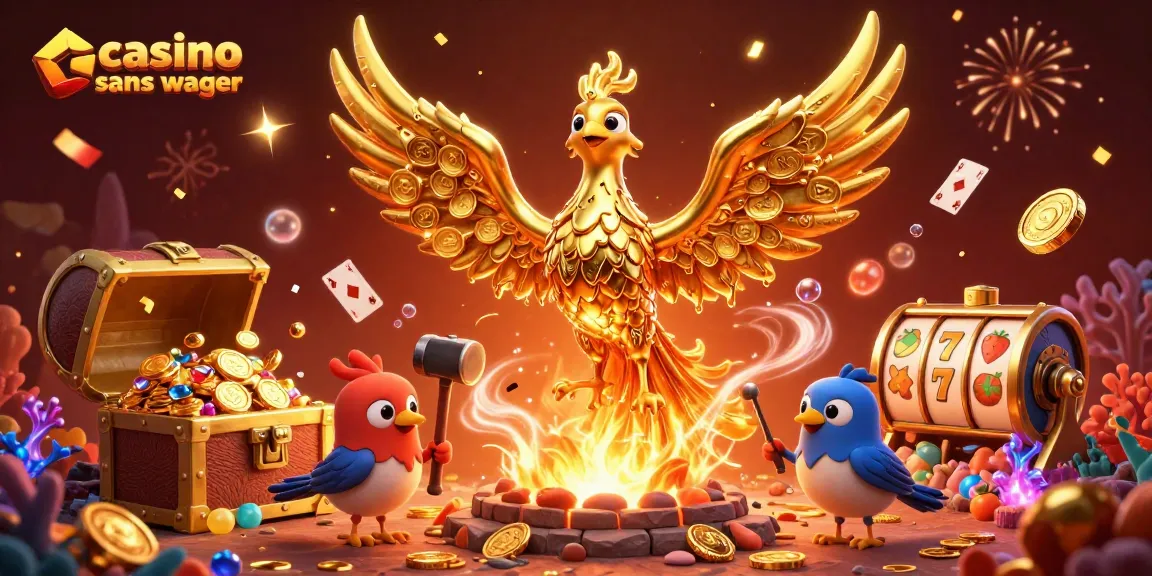 Image captivante représentant le casino en ligne sans wager avec un phénix doré et des éléments de jeu dynamique.