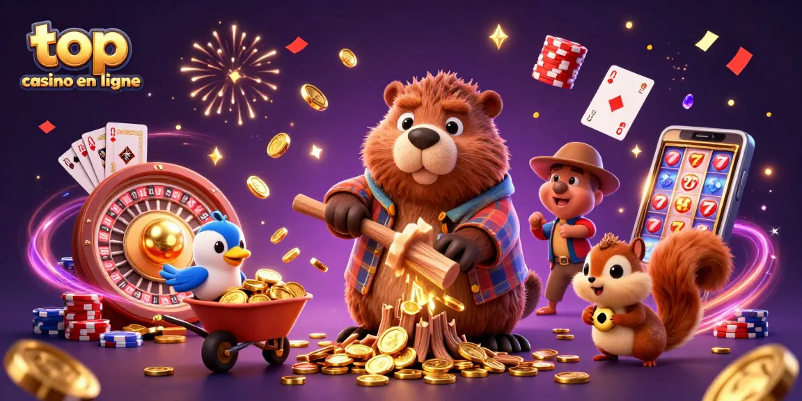 Immergez-vous dans l'univers des jeux avec ce top casino en ligne illustrant un castor, un oiseau et un écureuil célébrant les gains.
