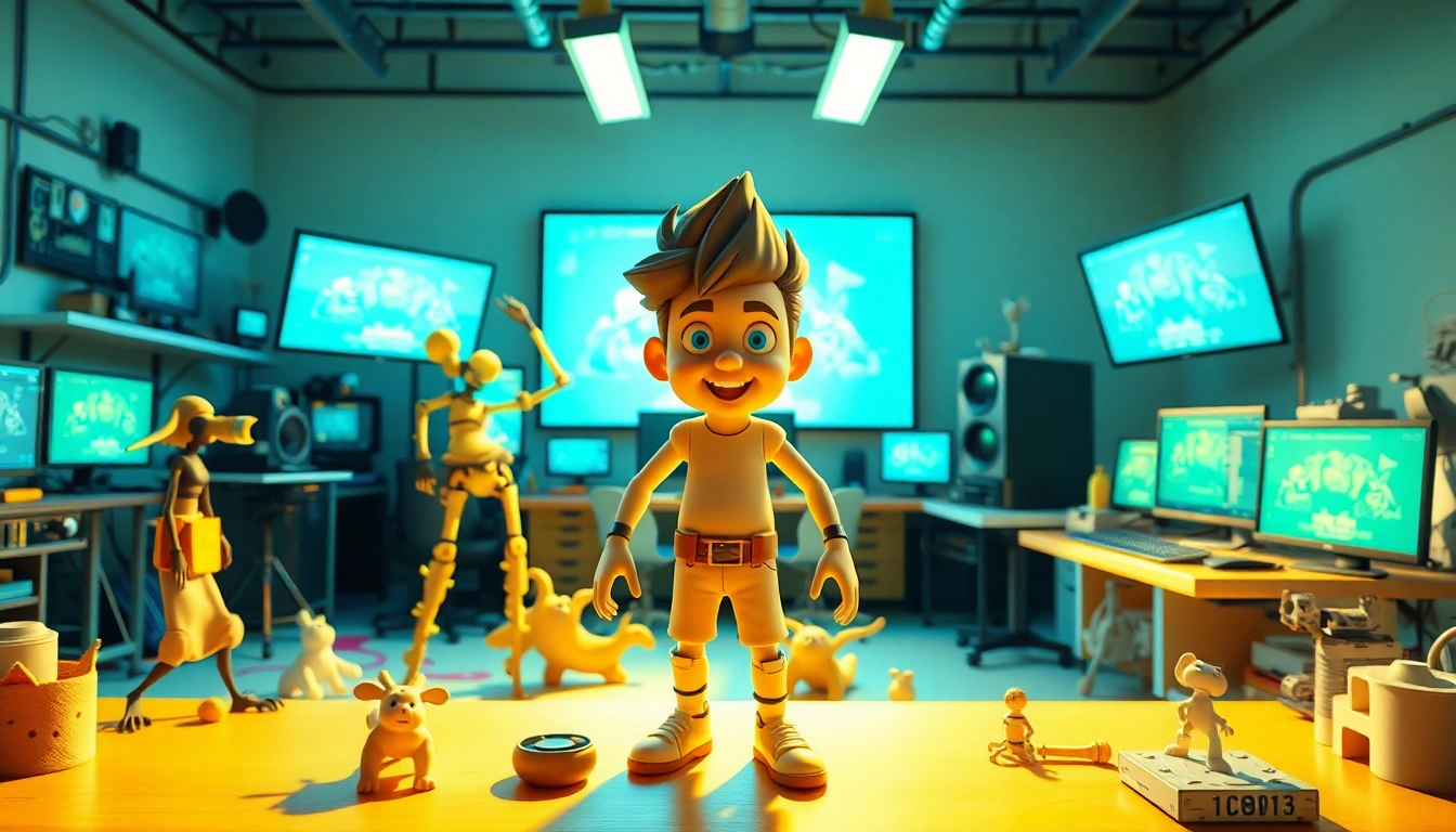3D Animation scene with a central character model surrounded by tools and bright studio lighting.