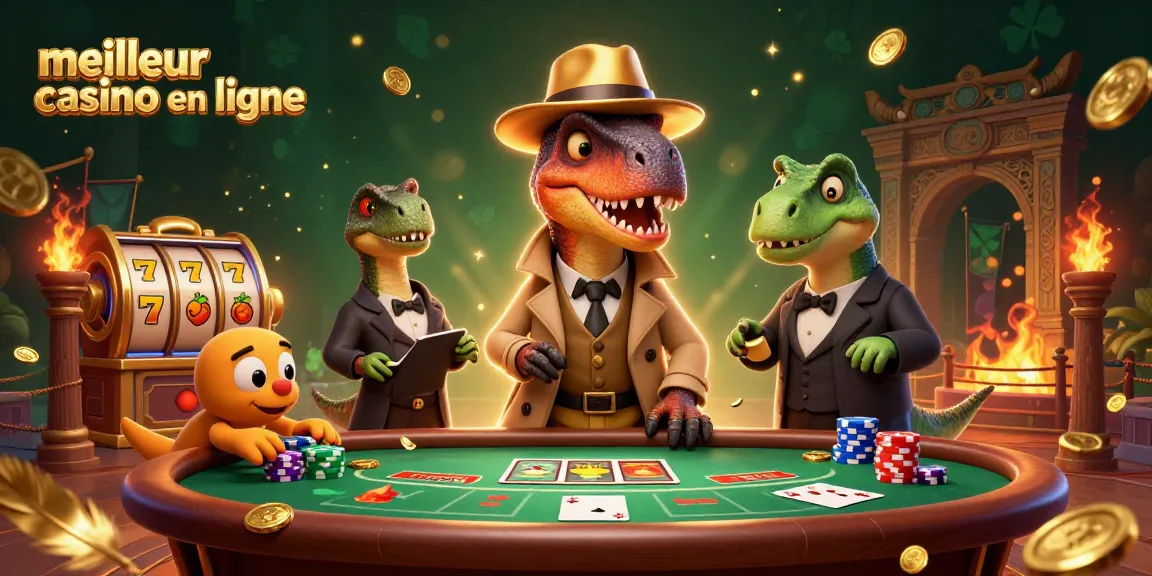 Illustration d'un velociraptor joueur dans un casino, représentant le meilleur casino en ligne