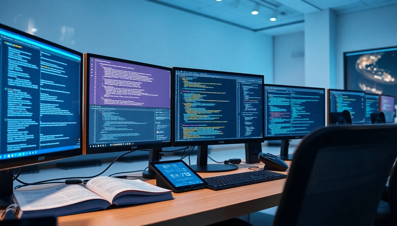 Professional software engineering workspace showcasing coding on multiple screens.