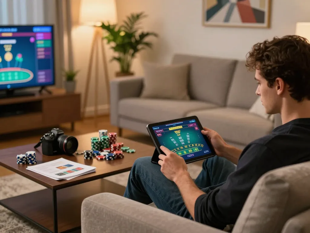 Engaging online gameplay on BK8 casino app from a cozy living room.