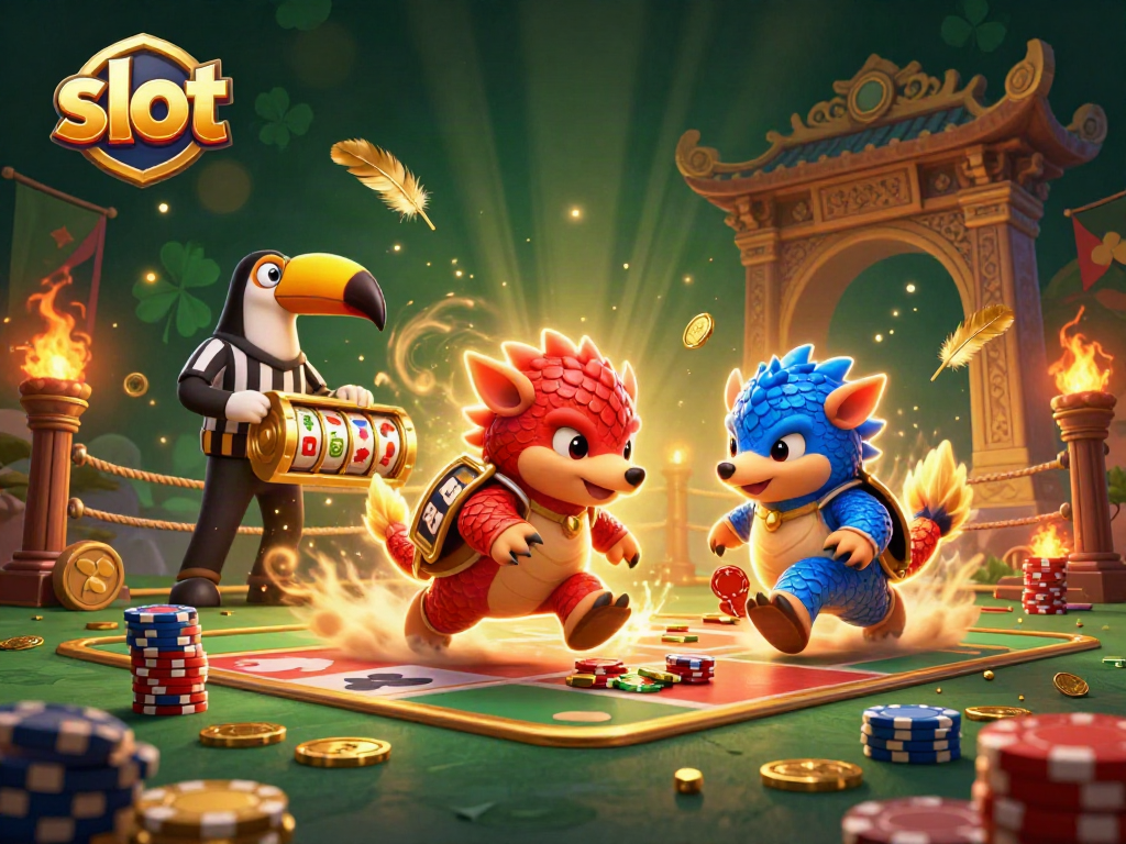 Rival pangolins competing in a colorful slot-themed casino scene with vibrant characters and effects.