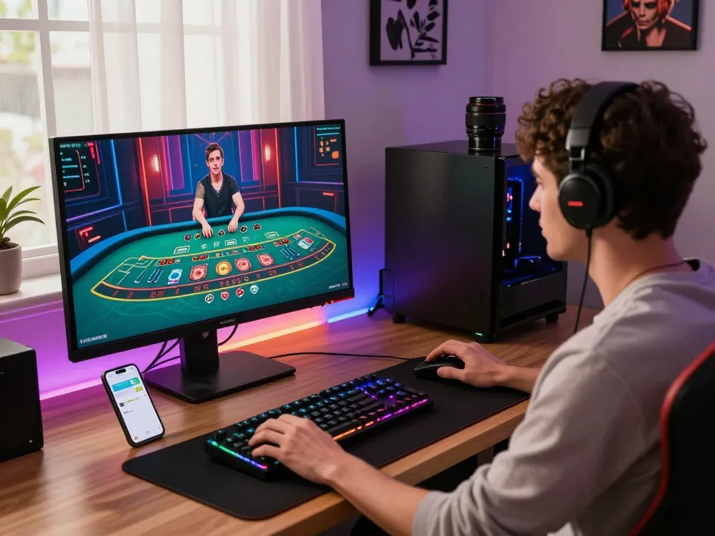 Engaged player enjoying 바카라사이트 in a modern home gaming setup, showcasing excitement and technology.