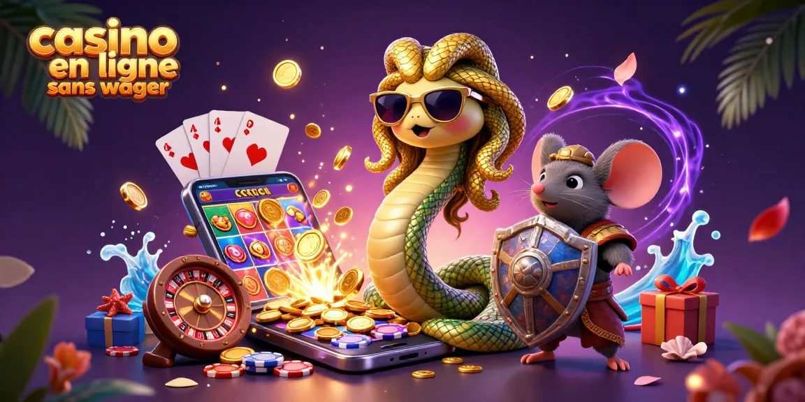 Illustration dynamique de casino en ligne sans wager montrant Méduse et un guerrier souris, remplie de jeux.