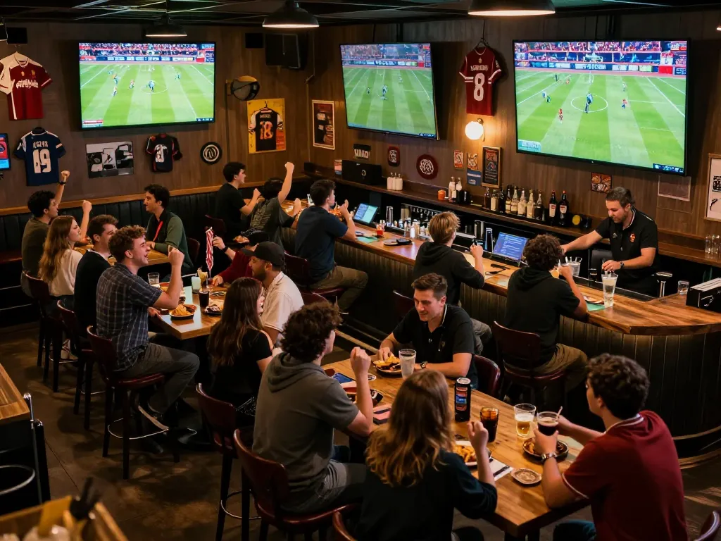 Fans engaging in exciting okwintv bóng đá broadcast during a lively match at a sports bar, enjoying camaraderie and live betting.