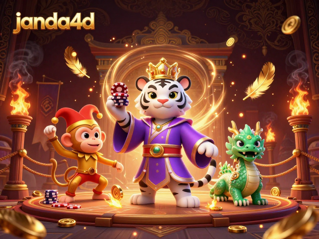 janda4d showcases a vibrant 3D casino scene with characters in dynamic action and gold accents.