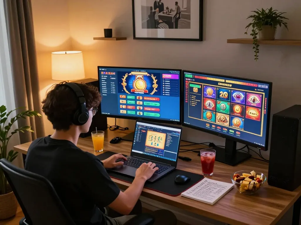 Engaging in slot gacor gameplay on a laptop in a stylish home office.