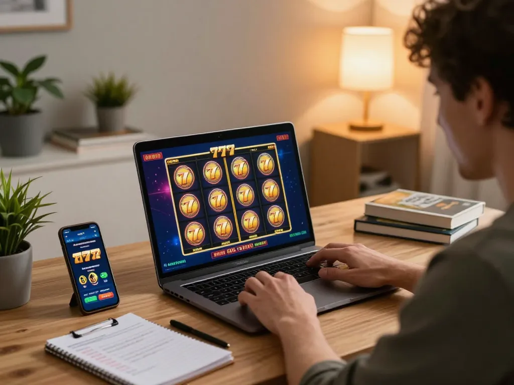 Player enjoying slot777 gaming on a laptop in a cozy home setting, showcasing excitement and strategy.