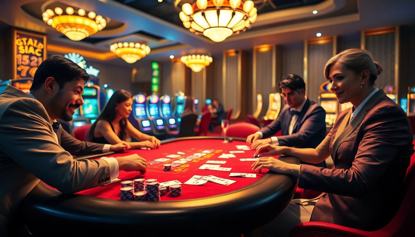 Meja permainan Togelsumo menampilkan permainan togel sumo yang dinamis dengan para pemain bersemangat di kasino mewah.
