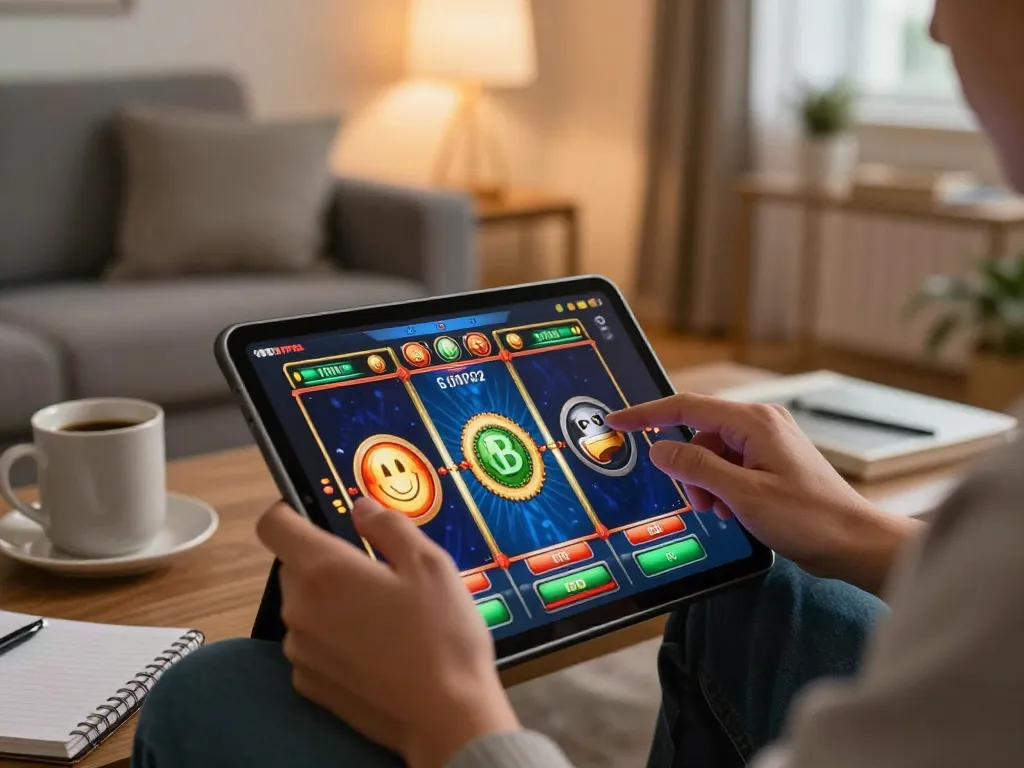 Player enjoying JPTOTO online slot game on tablet in cozy living room setting