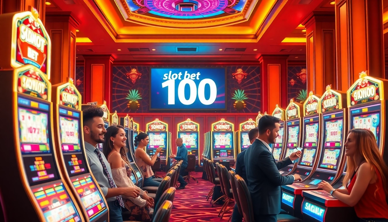 Pemain merayakan kemenangan di mesin slot, menyoroti kegembiraan permainan Slot Bet 100.