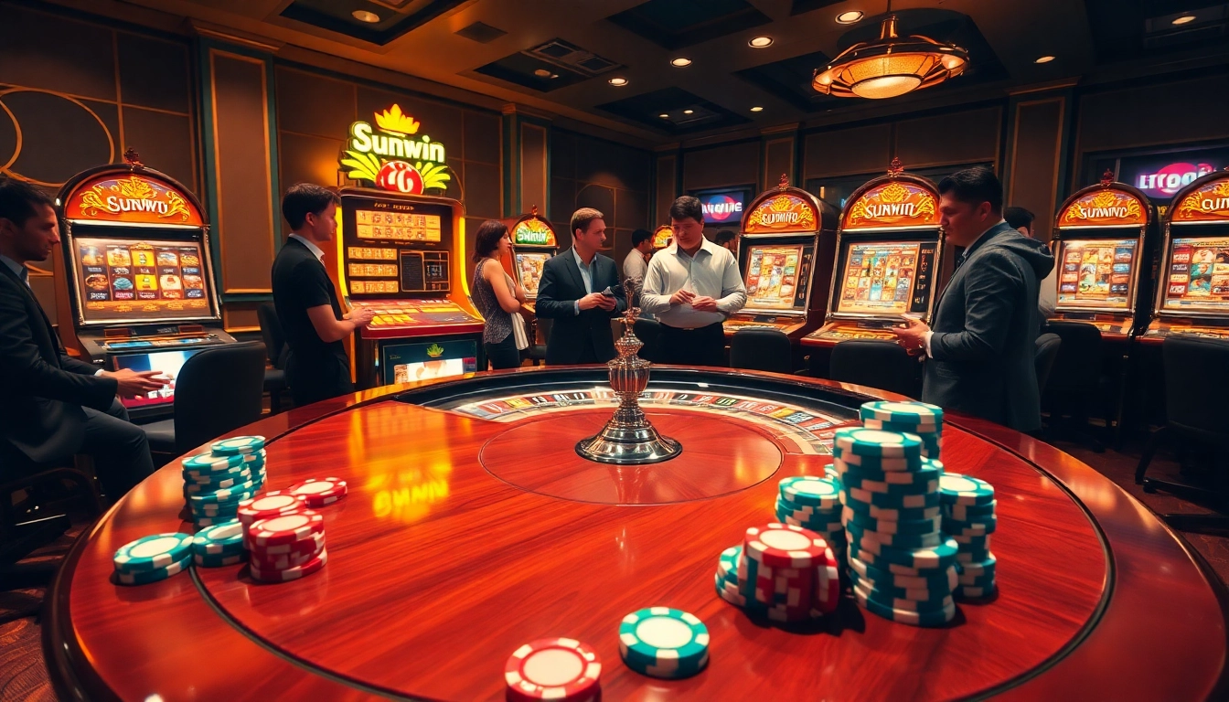 Sunwin gamblers enjoying high-stakes poker at a luxury casino table.
