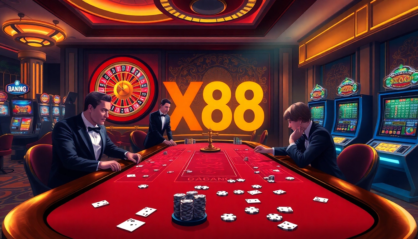 Players engaging in baccarat at X88 casino, surrounded by vibrant slot machines and roulette wheels.