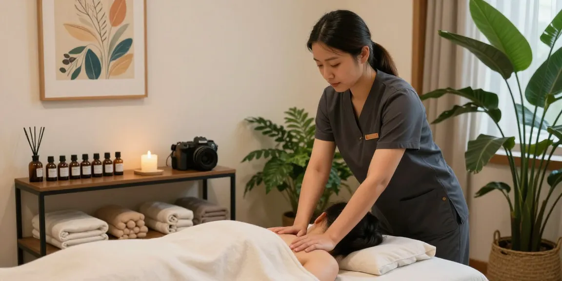 1인샵 마사지 공간에서 편안한 마사지 중인 모습, 아로마오일과 조용한 음악이 어우러진 편안한 분위기