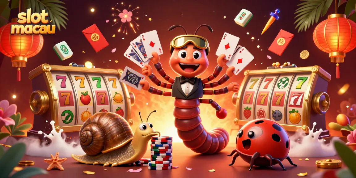 Experience vibrant gameplay with slot macau themed illustrations featuring a millipede dealer and slot reels.