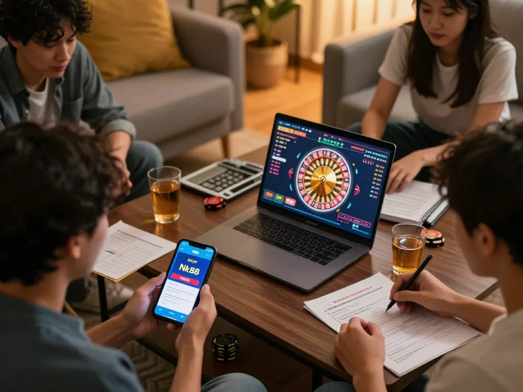 Players using the Nk88 app on their devices while enjoying a home casino experience.