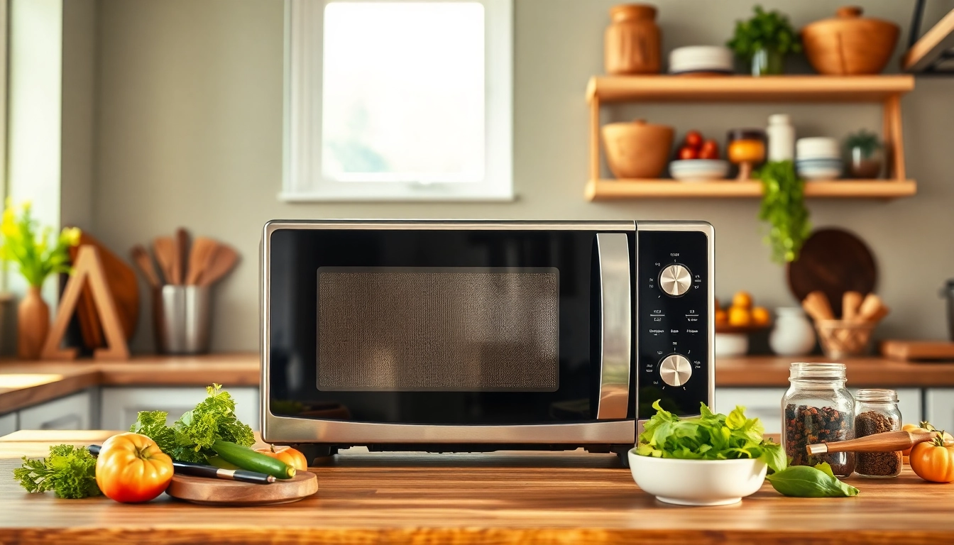 Showcase an affordable microwave oven in a cozy kitchen environment.