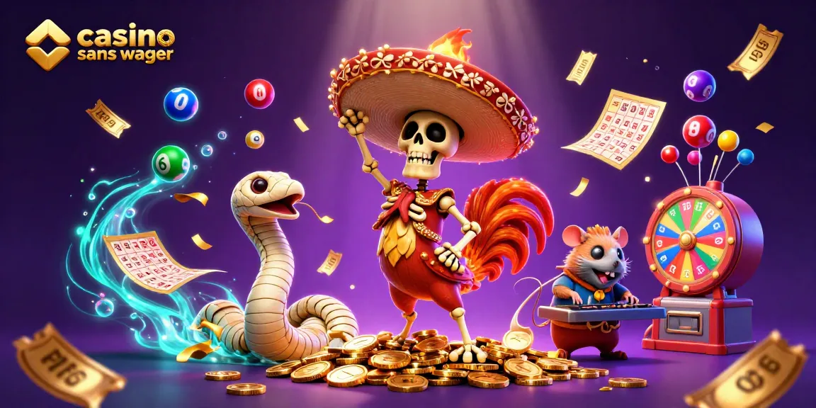 Jouez au casino en ligne sans mise avec des personnages colorés dans une scène dynamique et festive.