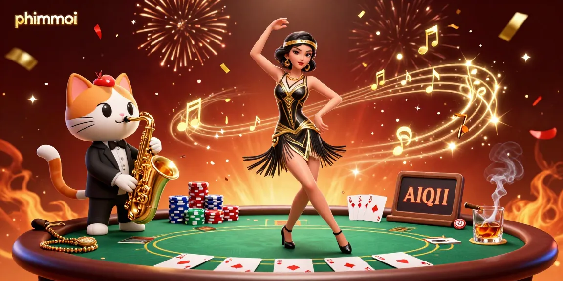 Engage in the world of phimmoi with a vibrant casino scene showing a flapper dancer and a saxophone cat, surrounded by poker elements and festive confetti.