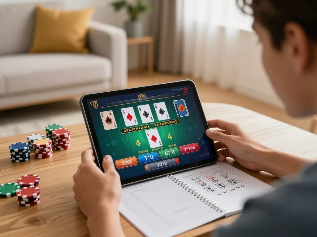 Engaging player analyzing giường bệnh nhân strategy notes while enjoying live dealer blackjack on a tablet at home.