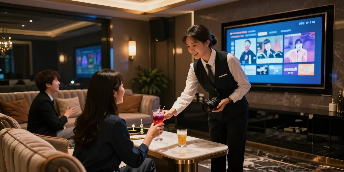 강남쩜오의 프리미엄 노래방에서 손님을 맞이하는 전문 직원의 모습