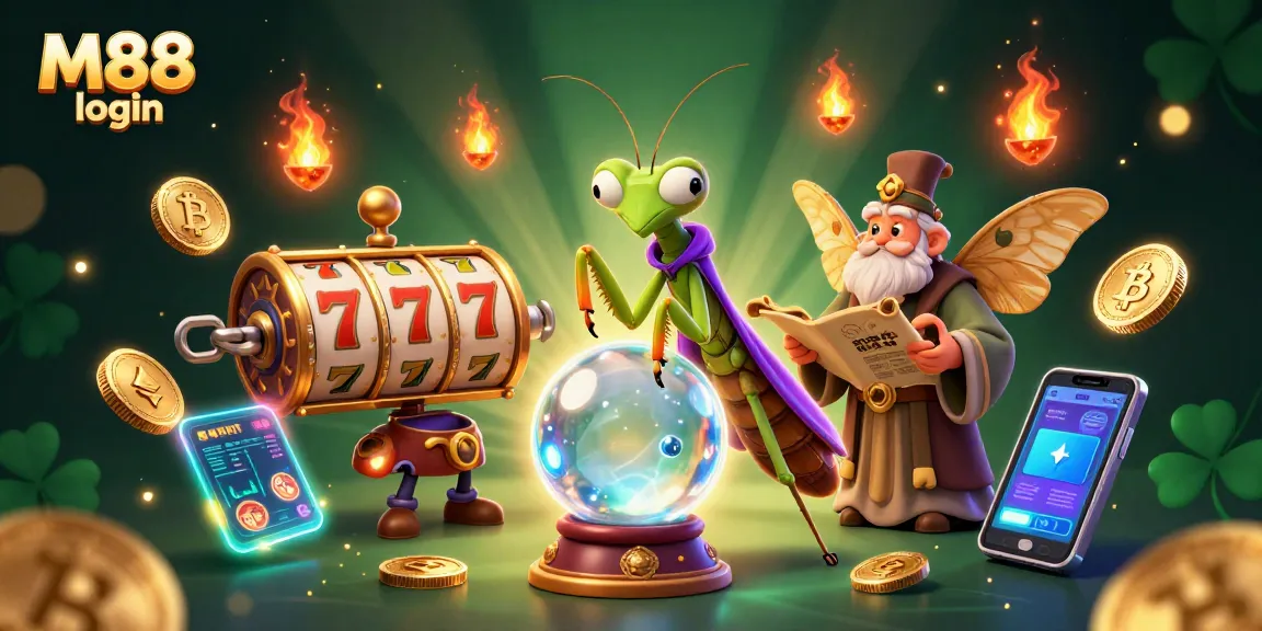 Experience exciting gameplay with M88 login, featuring dynamic slot elements, mystical characters, and crypto coins.