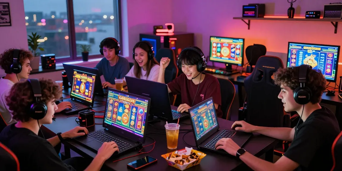 Exciting players enjoying GARUDA303 slot games in a vibrant gaming room.