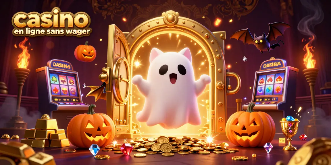 Plongez dans le monde de casino en ligne sans wager avec une illustration captivante de fantômes animés et de trésors scintillants.