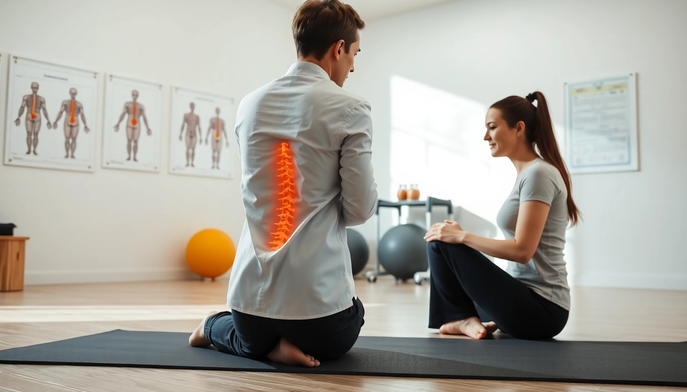 Therapist assisting with back pain treatment in a bright and professional clinic.