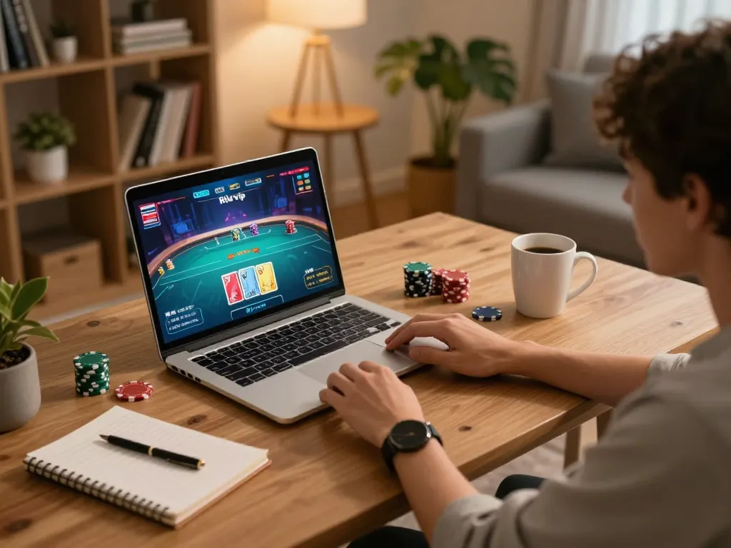 Engaging in a thrilling game of rik vip poker from a cozy home office setup with strategic notes.