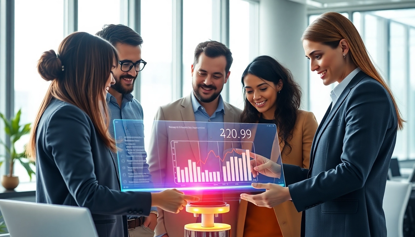 Technology innovations showcased in a bright office with diverse professionals collaborating.
