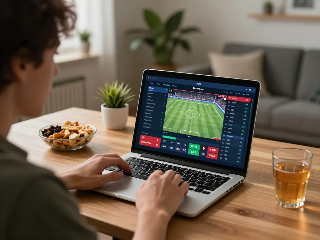 Engaging player using laptop for sports betting on Trang Chủ OKFUN with real-time odds displayed.