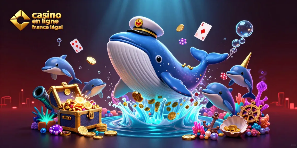 Illustration animée de casino en ligne légal en France avec une baleine et des dauphins jouant avec des jetons de poker.
