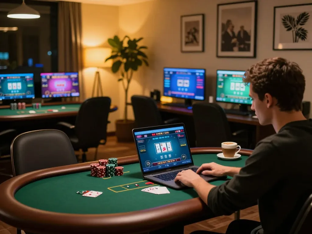 Engaging online casino gameplay featuring alexis77 on a laptop in a cozy home office environment.