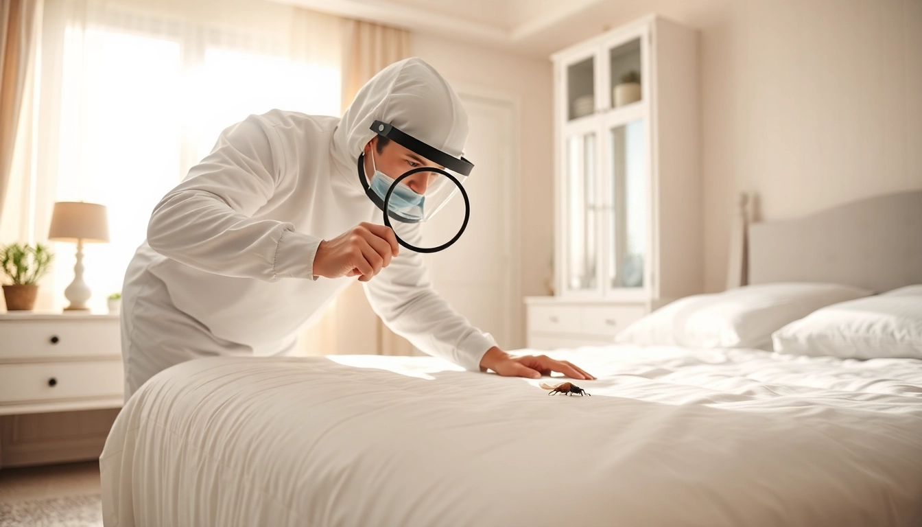 Effective bed bug extermination services demonstrated by a skilled technician in a well-lit bedroom.