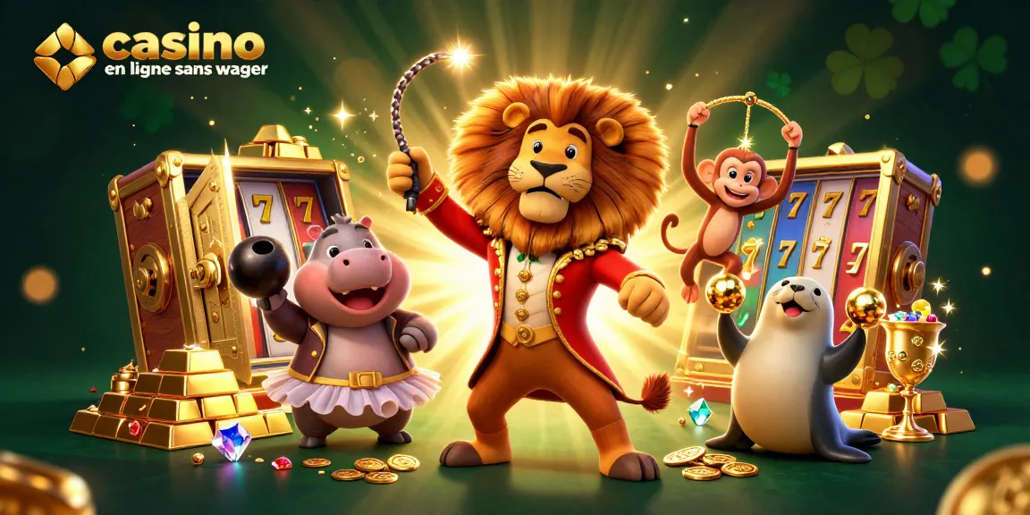 Illustration casino en ligne sans wager avec un lion de cirque, un hippopotame en tutu et une ambiance dynamique.