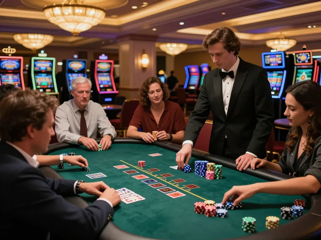 SIN88 blackjack table bustling with players placing bets amidst vibrant casino lights.