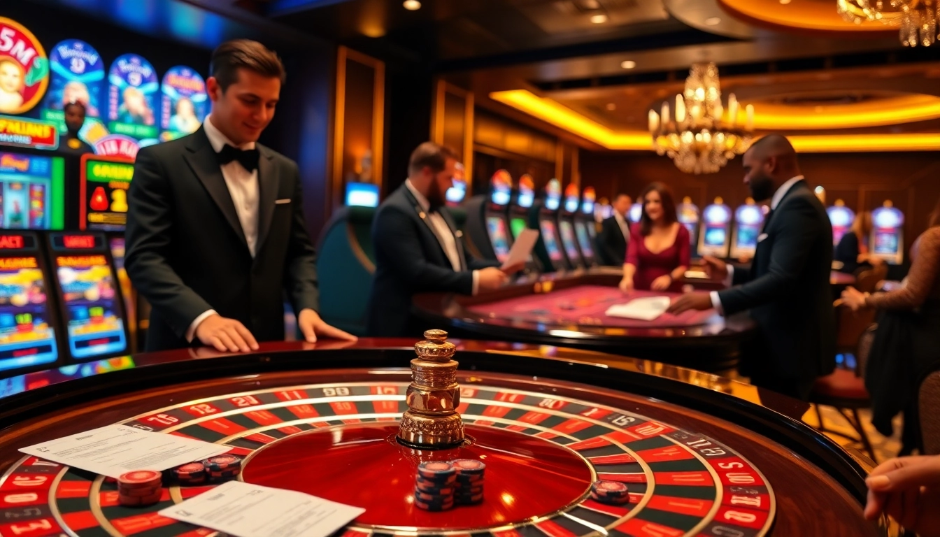 Gamble with excitement at Lc88.com, featuring a roulette table and vibrant slot machines.
