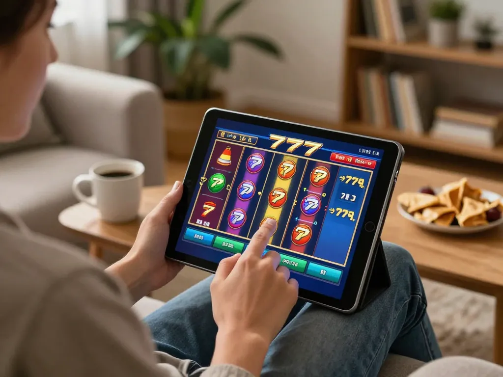 Engaging user spins on slot777 interface while relaxing at home, showcasing online gaming atmosphere.