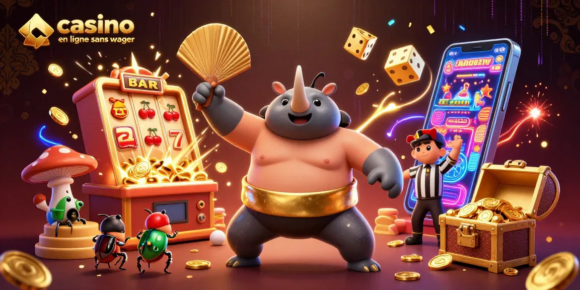 Illustration d'un rhinocéros scarabée sumo dans un casino en ligne sans wager, entouré de pièces d'or.
