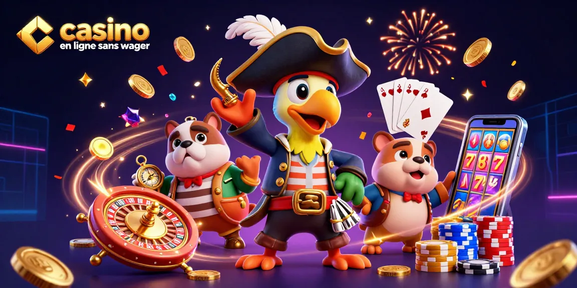 Illustration dynamique de jeu avec casino en ligne sans wager, pirate et roulette en arrière-plan.