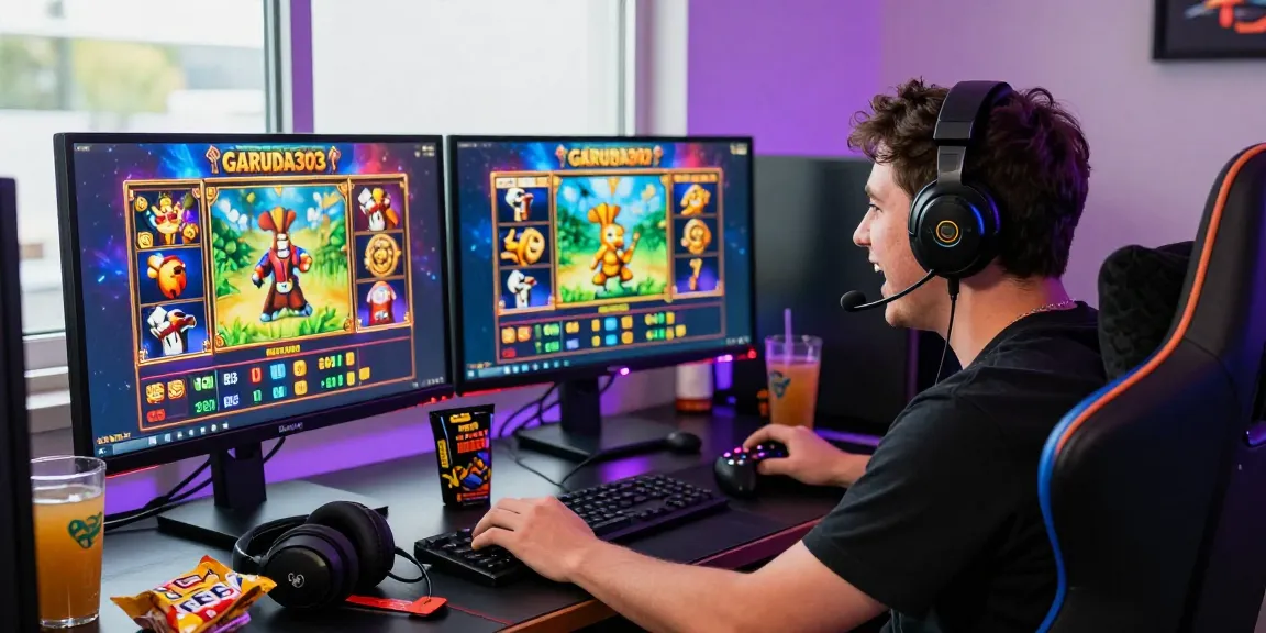 Engaging player enjoying garuda303 slot games on a high-tech gaming setup with vibrant visuals.
