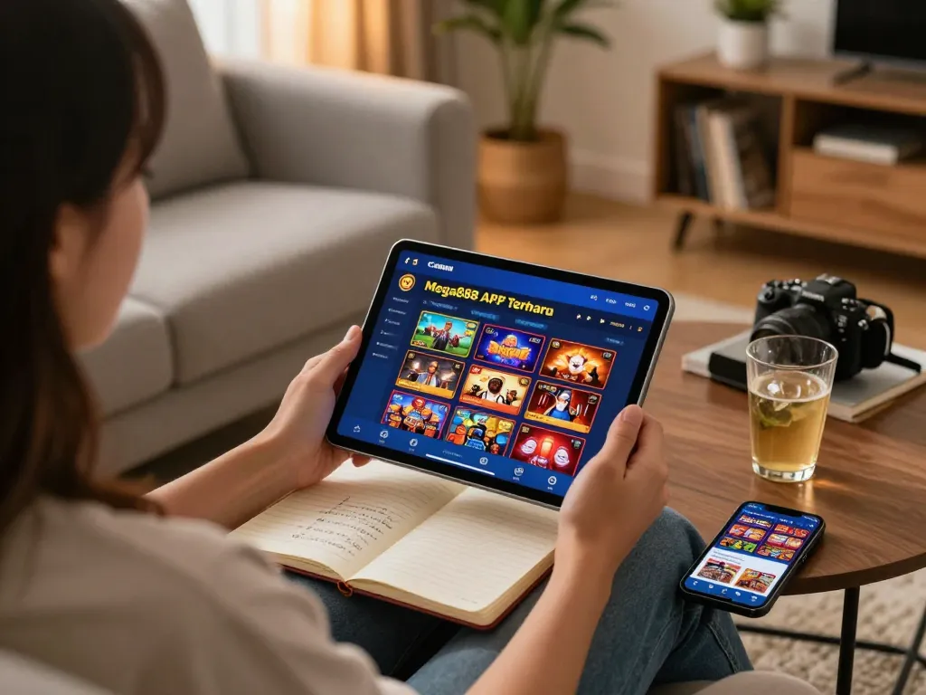 Mega888 apk terbaru dipamerkan pada tablet semasa permainan dalam talian di persekitaran rumah yang selesa, mempromosikan perjudian yang bertanggungjawab.