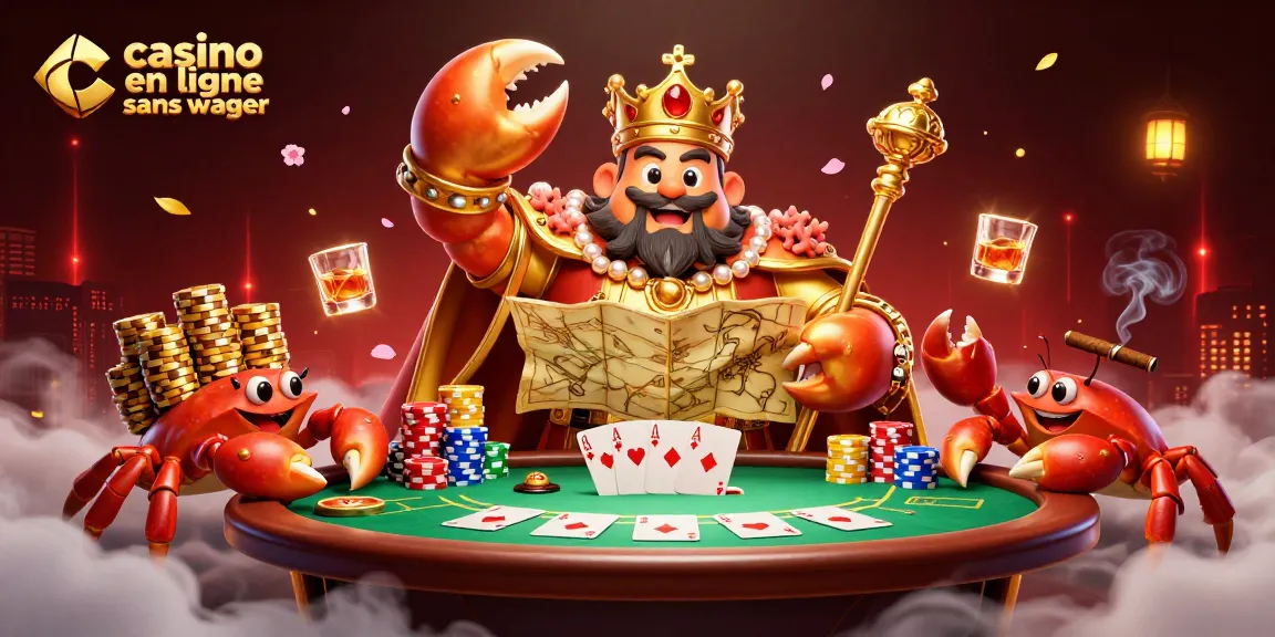 Un rassemblement dynamique de personnages de casino en ligne sans wager avec un crabe empereur doré et des éléments de poker.